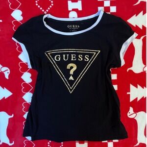 Guess Los Angeles Women Black Ringer Tee Gold Rhinestone Triangle Logo Shirt L